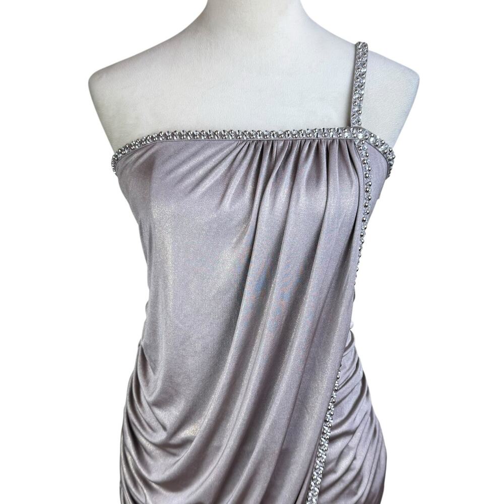 Laundry by Shelli Segal Metallic Taupe Rhinestone One Shoulder Ruched Mini Dress - Picture 4 of 11